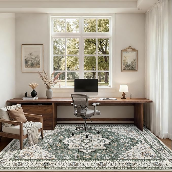Area Rugs 9x12 Living Room Rug: Washable Rug Soft Vintage Boho Medallion Carpet Indoor Non-Slip Stain Resistant Large Carpets for Bedroom Dining Room Farmhouse Nursery Home Office Green Ivory