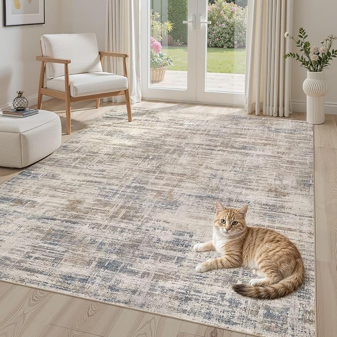 UERMEI 6x9 Washable Area Rug for Living Room: Modern Neutral Abstract Soft Low Pile Carpet Non-Slip Pet Kids Friendly Indoor Decor for Bedroom Dining Room Home Office Nursery Brown
