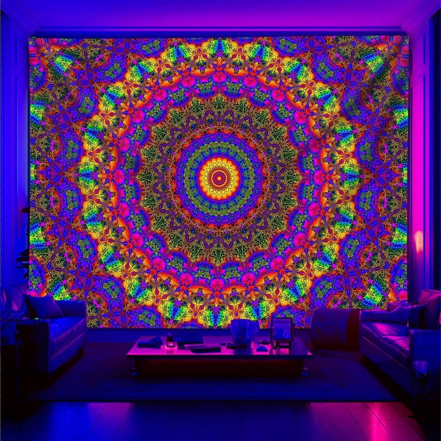 PSYHILAR Blacklight Mandala Boho Tapestry, Black Light Bohemian Hippie Poster for Adults and Teens, Aesthetic Colorful UV Reactive Wall Art Decor for Bedroom (90 x 70 Inches)