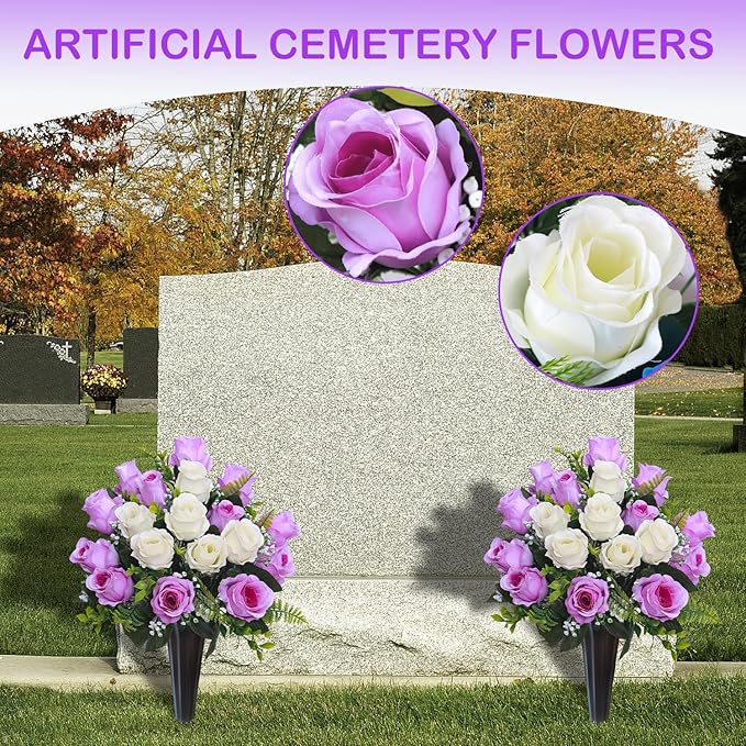 Lodou Set of 2 Artificial Cemetery Flowers, Memorial Flowers Bouquet,Grave Memorial Flowers with Vase for Cemetery Headstones Decoration (Purple White)