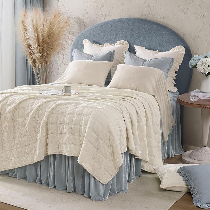 HiEnd Accent Stella Faux Silk Velvet Double Box Stitch 3 Piece Quilt Set, King Size, Stone Solid Color, Classic Chic Modern Rustic Elegant Bedding Set, Lightweight Bed Set