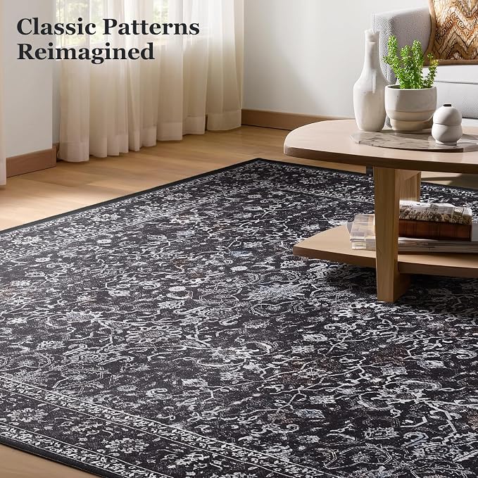 Large Rugs for Living Room 10x14, Vintage Dark Big Area Rug for Bedroom Dining Room, Washable Non Slip Low Pile Thin Room Rug for Dining Room Family Room, Farmhouse Earth Tone Midnight