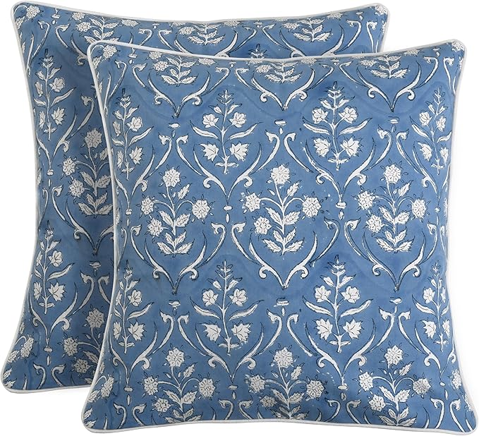 Ridhi Block Print Cornflower Blue Pillow Cover 24" x 24" (Pack of 2) Decorative Couch Pillows for Living Room, Chic Boho Cute Outdoor Pillows Covers Gifts for Spring, Easter and Valentine