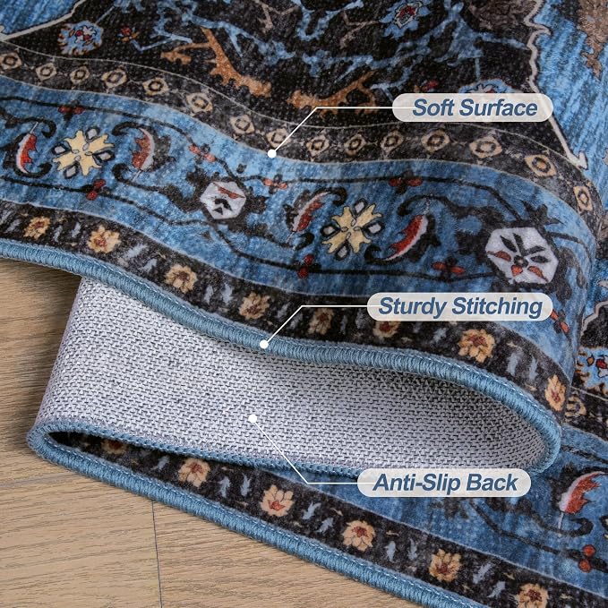 Tangsoo Blue 6x9 Area Rug Washable Rug for Living Room, Oriental Indoor Vintage Non Slip Large Area Rugs, Print Distressed Carpet, Soft Low Pile Foldable Floor Rug for Bedroom Dining Room Dorm