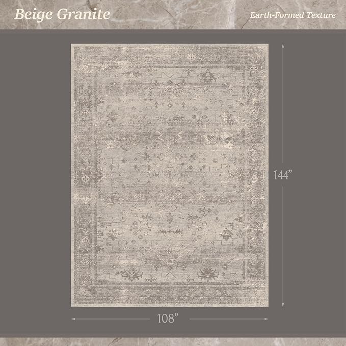 Greige 9x12 Washable Area Rug for Living Room, Distressed Granite-Inspired Geometric Carpet for Dining Room & Bedroom, Soft Low Pile Non-Slip Rug for Organic Modern Homes