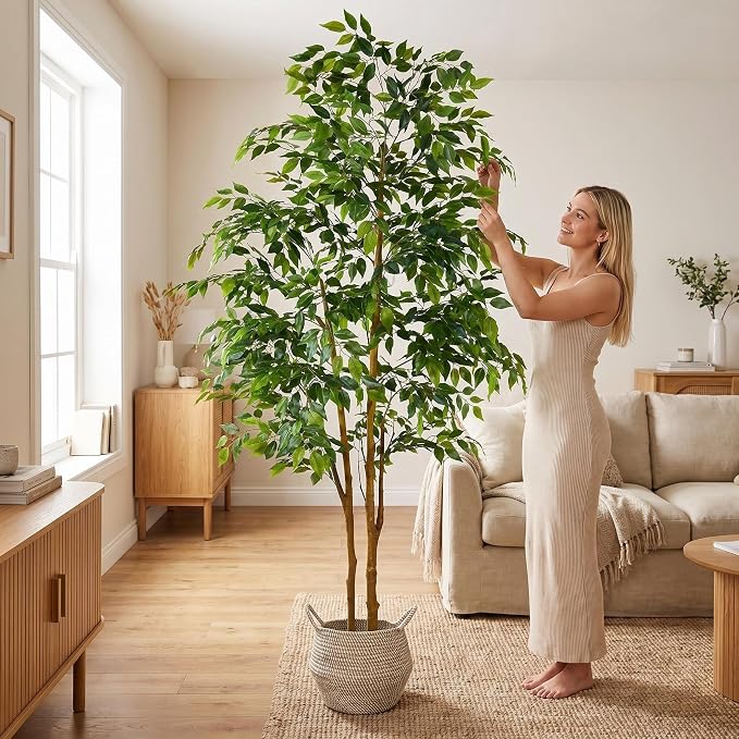 Warmplants Artificial Ficus Tree, 7ft Silk Fake Ficus Leaves Plant with Basket, Indoor Outdoor Faux Green Tree for Home Garden Office House Livingroom Décor