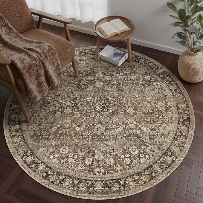HUGEAR Round Rug 4ft Entryway Rugs Machine Washable Brown Hallway Area Rug 4x4 Small Circle Accent Rug Floral Low Pile Carpet Soft Throw Rug Living Room Office Laundry Room Entrance Non Slip
