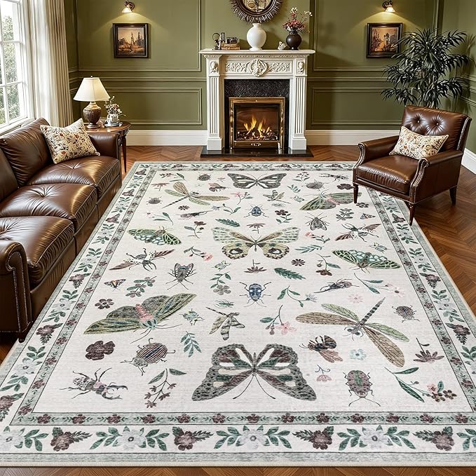 8x10 Area Rugs Living Room Rug: Vintage Washable Rug Floral Soft Carpet Indoor Floor Non-Slip Boho Stain Resistant Large Carpets for Bedroom Kids Nursery Dining Room Farmhouse Home Office Beige