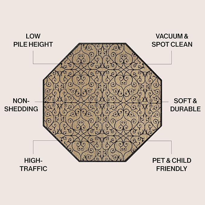 JONATHAN Y Vintage Filigree Indoor Outdoor Octagon Area Rug 8 Ft Black/Khaki, Madrid Textured Weave for Backyard, Patio, Porch, Easy-Cleaning, High Traffic, Pet-Friendly, Non-Shedding (SMB107A-8TGN)