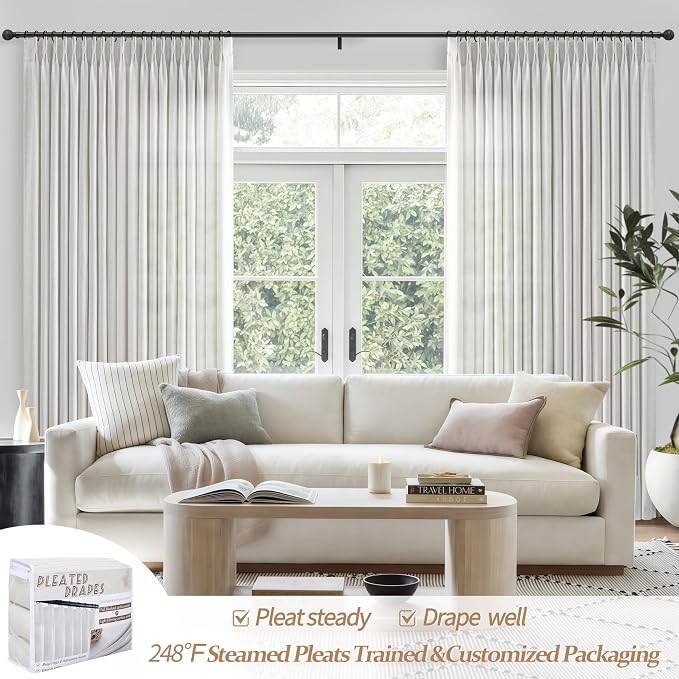 Beige White 70 Inch Extra Wide Pinch Pleat Light Filtering Sliding Glass Door Curtains 120 Inches Long, Memory Trained Thick Linen Privacy Semi Sheer Luxury Windows Drapes 2 Panels Set 10 FT Length