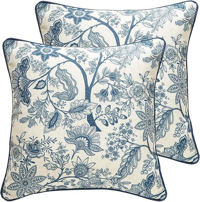 ISAENNE Designer Linen Square Throw Pillow Cover,Set of 2,18"x18"-Ruyi B | Vintage French Elegant Pillow Cover,Concealed Zipper Design,Blue Floral Pattern,Sofa,Bedroom,Living Room,Lounge Chairs