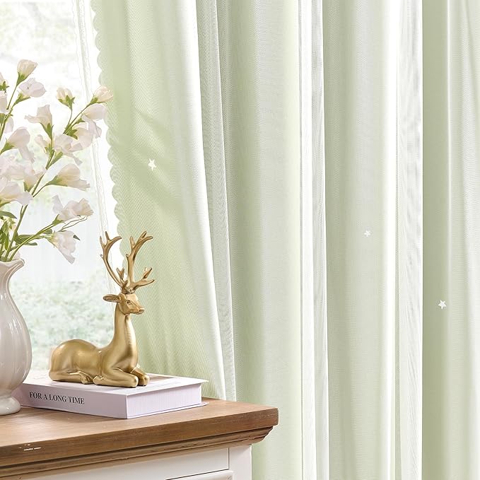XiDi 90" Long Room Darkening Curtains Thermal Insulated Drapes Grommet Top Light Blocking Blackout Curtain for Living Room Bedroom Star Cut Out Wall Home Decor Window Treatment 2 Panels Sage Green