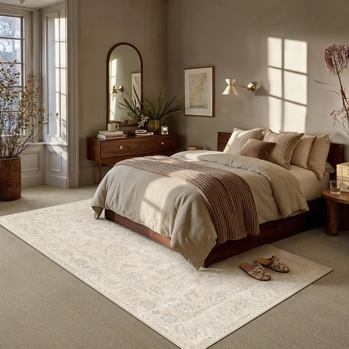 6x9 Cream Washable Area Rug for Living Room Bedroom Neutral Floral Soft Non Slip Rug Low Pile Distressed Carpet for Dining Room Nursery Office Indoor