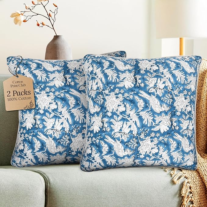 CPC 100% Cotton Throw Pillow Covers 20x20 Inch, Set of 2 Blue Block Print Pattern Couch Pillow, Cute Boho Decorative Pillows for Living Room, Bedroom with Hidden Zipper- Blue Sapphire