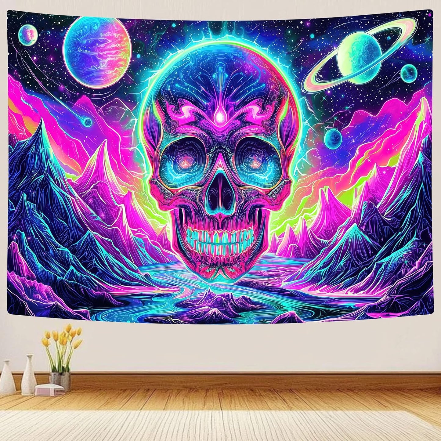 Blacklight Skull Tapestry, UV Reactive Gothic Skeleton Mountain Galaxy Planet Wall Hanging Tapestries, Glow in the Dark Horror Face Halloween Aesthetic Poster for Bedroom Living Room Decor 80X60IN