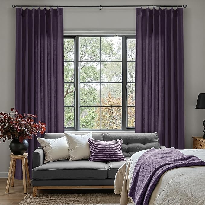 Plum Purple Pinch Pleated Linen Curtains 90 Inches Long Vintage Boho Farmhouse Semi Sheer Textured Linen Blended Light Filtering Curtain for Living Room Bedroom Pleated Drapes with Hooks Rings 40x90