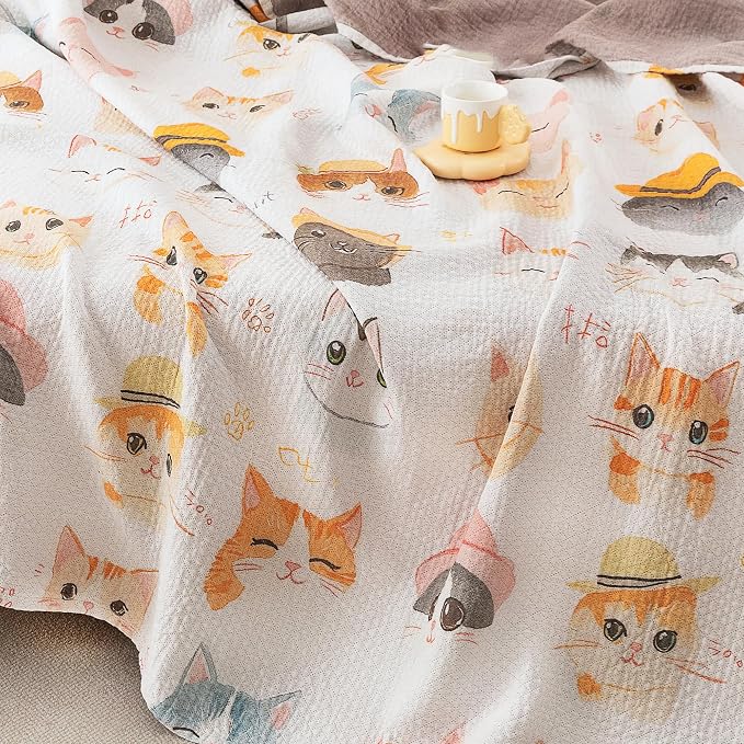 MEJU Kitty Cats Modern Cute Kids Child Big Girls Muslin Blanket Throw Indoor for Bed Sofa Couch, 100% Combed Cotton Soft Summer Lightweight Throw Blanket Bed Coverlet Quilt Full Queen 80 in x 90 in