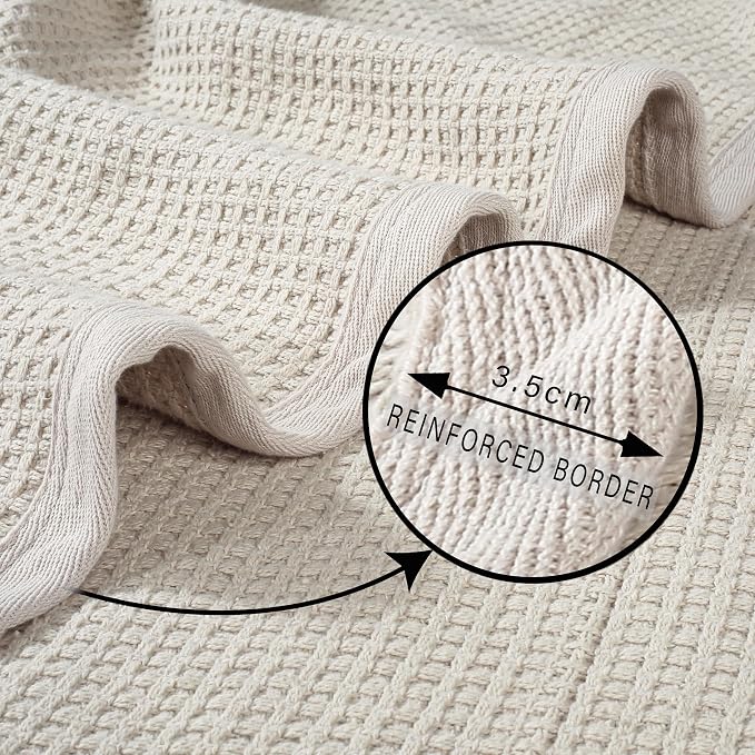 TreeWool Premium 100% Cotton Waffle Queen Blanket (90"x90", Stone) | Breathable Lightweight Moisture Wicking Soft Knit Thermal Blanket for Summer, Bed or Sofa All-season Comfort Machine Washable