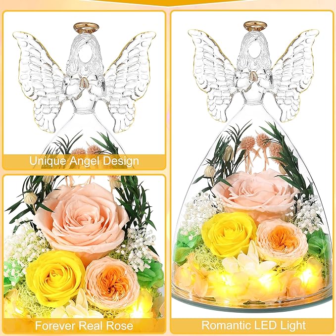 Mothers Day Rose Gifts for Women Preserved Real Flower in Glass Angel Figurines Roses for Delivery Prime Birthday Gifts for Mom Grandma Girlfriend Wife Her, Champagne Austin Roses
