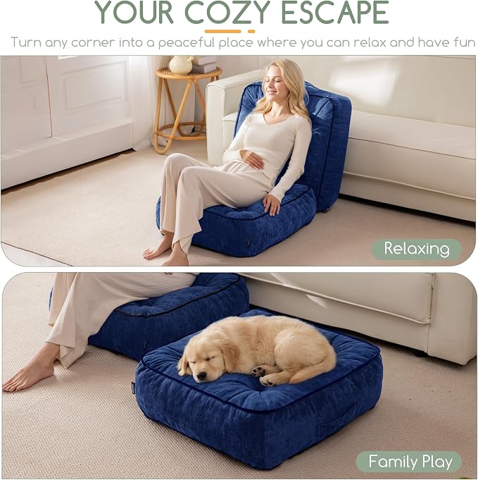 HIGOGOGO 6" Extra Thick Floor Pillow Cushion for Adults, Meditation Cushion Pillow with Handle, Lustrous Chenille Tufted, Square Floor Sitting for Tatami Living Room or Yoga, 22x22 Inch, Navy