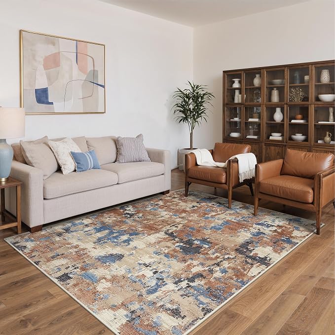 BEIMO Area Rugs 8x10 for Living Room Bedroom, Modern Abstract Machine Washable Rug, Large Soft Low Pile Floor Carpet with Non Slip Backing for Dining Room, Desert Blue Beige