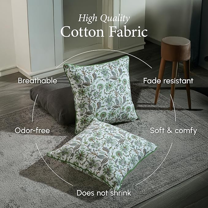 CPC 100% Cotton Throw Pillow Covers 20x20 Inch, Set of 2 Green Block Print Pattern Couch Pillow, Cute Boho Decorative Pillows for Living Room, Bedroom with Hidden Zipper- Mint Leaf