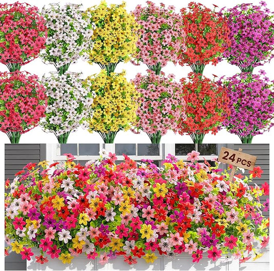 SHareconn 24 Bundles Artificial Flowers for Outdoors Spring Decoration, Fake Silk Realistic Faux Plants UV Resistant No Fade for Home Planter Porch Patio Summer Indoor Outside Decor, Mix 6 Colors
