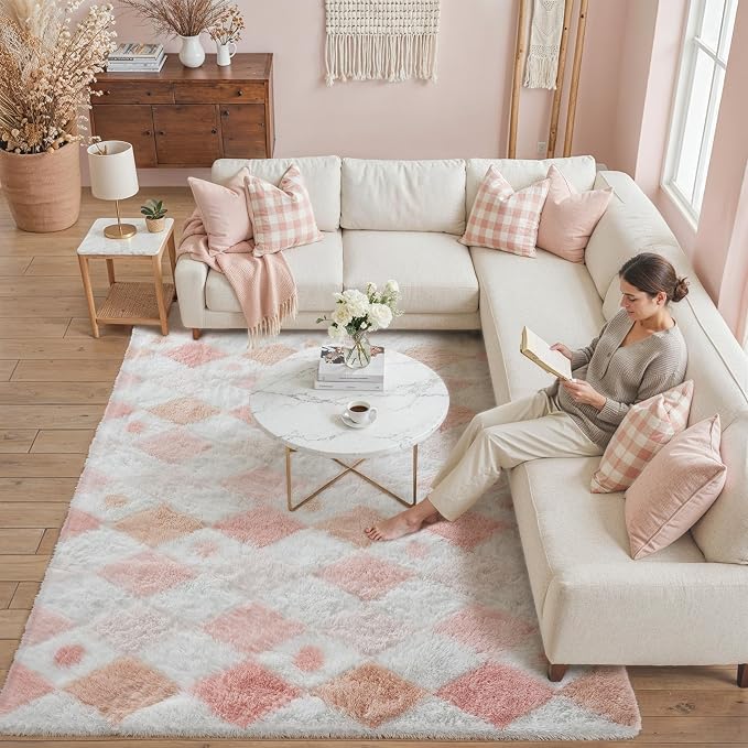 PureCozy Checkered Rug 6x9 Fluffy Shag Living Room Pink Area Rug Modern Washable Carpet Soft Shaggy Non Slip Indoor Plush Fuzzy Rugs for Bedroom Dorm Office Home Aesthetic Decor
