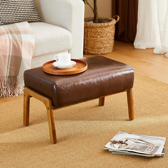 Glitzhome Rectangle Ottoman Bench, Modern Coffee Leatherette Footstool with Walnut Rubberwood Legs for Living Room, Bedroom