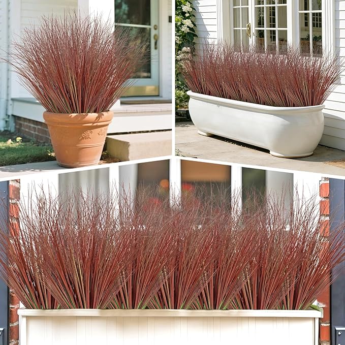 24 Bundles Red Artificial Plants Onion Grass Outdoor 20 Inch Fake Shrubs Wheat Grass UV Resistant Autumn Greenery Stems Faux Bushes Plant for Indoor Home Farmhouse Summer Decor