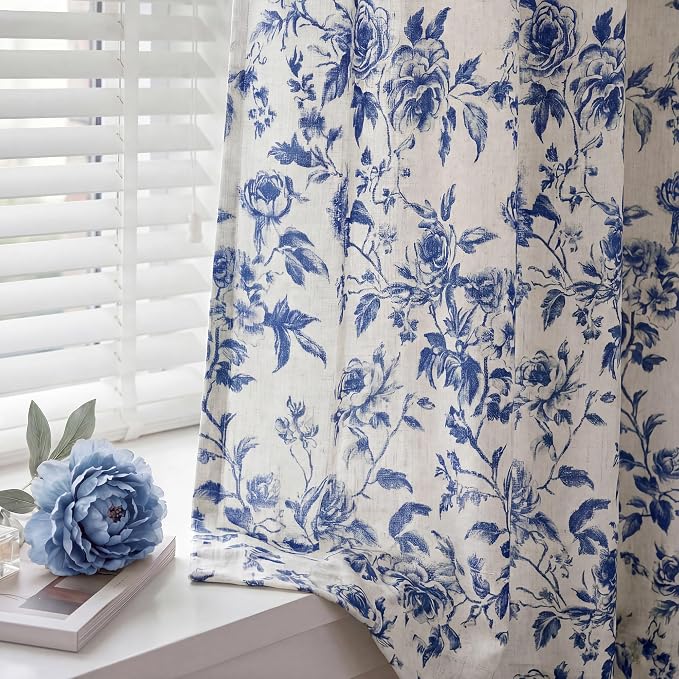 StangH Vintage French Blue Floral Curtains for Living Room, Shabby Chic Peony Print Linen Textured Drapes, Coastal Aesthetic Light Filtering Privacy Window Coverings, W52 x L84, 2 Panels