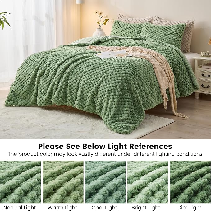 Simple&Opulence Fluffy Faux Fur Comforter Set, Plush Fuzzy Minky Bedding Set, 3 Pieces Warm Soft Comforter Bedding Set for Winter - 1 Shaggy Comforter with 2 Pillow Shams(Queen, Grid - Green)