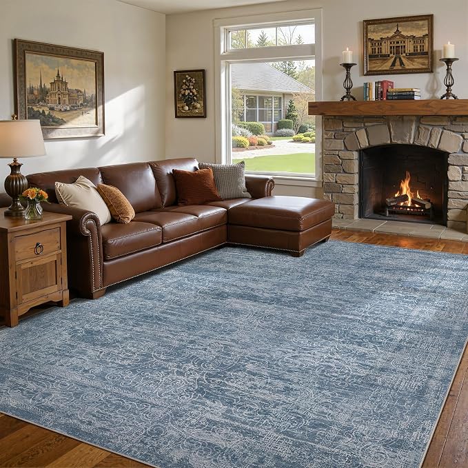 DMOYEST Area Rug Living Room Rugs - 10x12 Washable Large Soft Indoor Neutral Modern Abstract Low Pile Rug Carpet for Bedroom Dining Room Farmhouse Home Office - Dark Blue