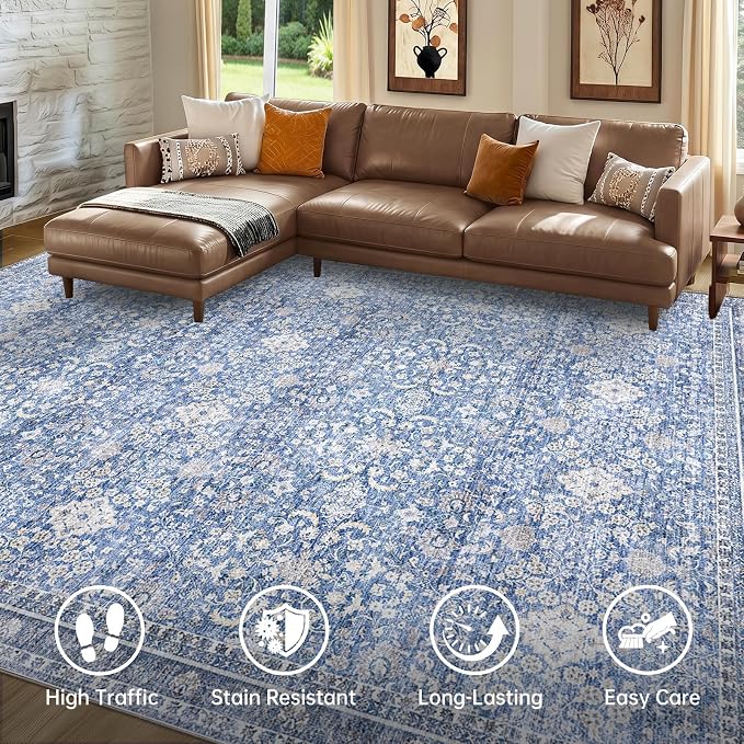 Sasttie 9x12 Area Rug, Ultra-Soft Washable Rug, Low Pile Foldable Thin Carpets with Non-Slip Backing, Skin-Friendly Stain Resistant Carpet for Living Room, Bedroom, Kitchen, Dorm, 9x12, Blue