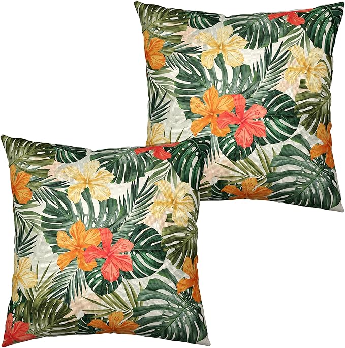 Monstera Palm Leaves Pillow Case Summer Tropical Pillow Covers 22x22 Hawaiian Hibiscus Floral Throw Pillow Covers for Home Decor Living Room Patio Set of 2