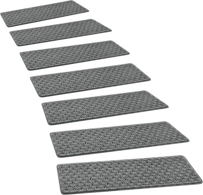PURE ERA Carpet Stair Treads Tape Free Non Slip Indoor Stair Carpet Stair Protectors Pet-Friendly Non-Slip Skid Resistant Washable Reusable 8" x 30"(7 Pieces,Gray Mini-Diamond Trellis)