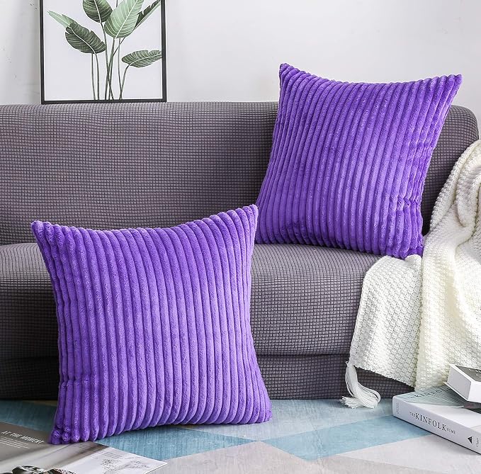 TangDepot Velvet Big Corduroy Pillow Covers 24x24 Violet 2-Pack | Soft wide-stripe corduroy pillow cover, hidden zipper, machine washable, easy refresh, for bedroom living room indoor outdoor