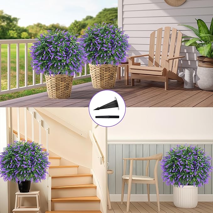 Grooy Artificial Boxwood Topiary Ball with Lavender, Set of 2 Artificial Shrub Bushes with Ground Spike, UV Resistant Fake Evergreen Plant Tree for Porch Outdoor Planters Indoor Valentine's Day