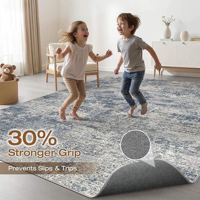 5x7 Area Rugs Living Room: Washable Large Neutral Rug Abstract Soft Modern Stain Resistant Indoor Floor Non-Slip Carpet for Bedroom Nursery Kids Office Playroom Dining Room Under Table- Blue Gray