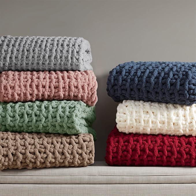 Madison Park Chenille Chunky Knit Handmade Throw Blanket, Luxuriously Soft Gift Blankets, Cottage Style Room Décor, Lightweight & Breathable All Seasons Throw Blanket for Couch, 50"W x 60"L Sage Green