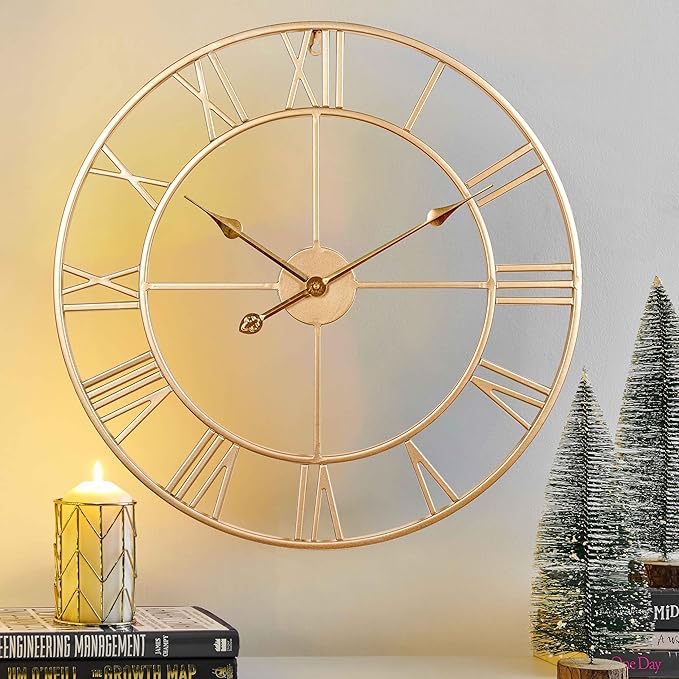 CLXEAST Champagne Gold Metal Wall Clock, Large Roman Numeral 24 Inch Wall Clocks for Living Room Decor,House Warming Gifts New Home