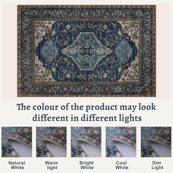 Tangsoo 3x5 Washable Rugs Oriental Area Rug, Vintage Non Slip Indoor Accent Rug, Print Carpet, Soft Low Pile Rug for Living Room Dining Bedroom Bedside Entryway Dark Blue Home Decor