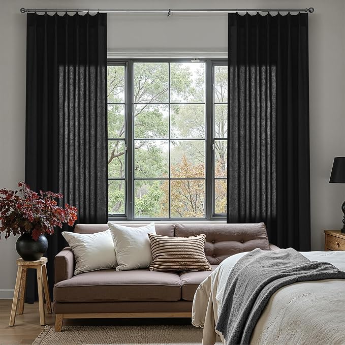 Guken Black Pinch Pleated Linen Curtains 90 Inches Long Country Boho Farmhouse Semi Sheer Textured Linen Blended Light Filtering Curtain for Living Room Bedroom Pleated Drapes with Hooks Rings 40x90