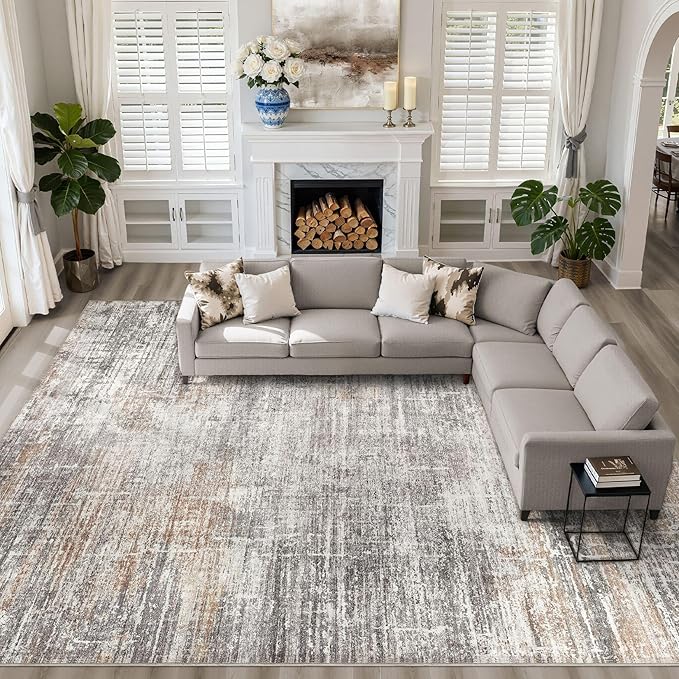 10x14 Area Rugs Living Room: Washable Large Neutral Rug Abstract Soft Modern Stain Resistant Indoor Floor Non-Slip Carpet for Bedroom Nursery Kids Office Playroom Dining Room Under Table- Gray Rust