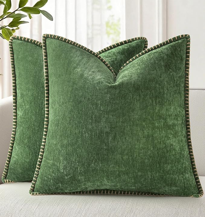 decorUhome Chenille Soft Cozy Throw Pillow Covers 20x20 Set of 2, Modern Farmhouse Boho Velvet Decorative Pillow Cases with Stitched Edge for Couch Sofa Bed Home Decor, Forest Green