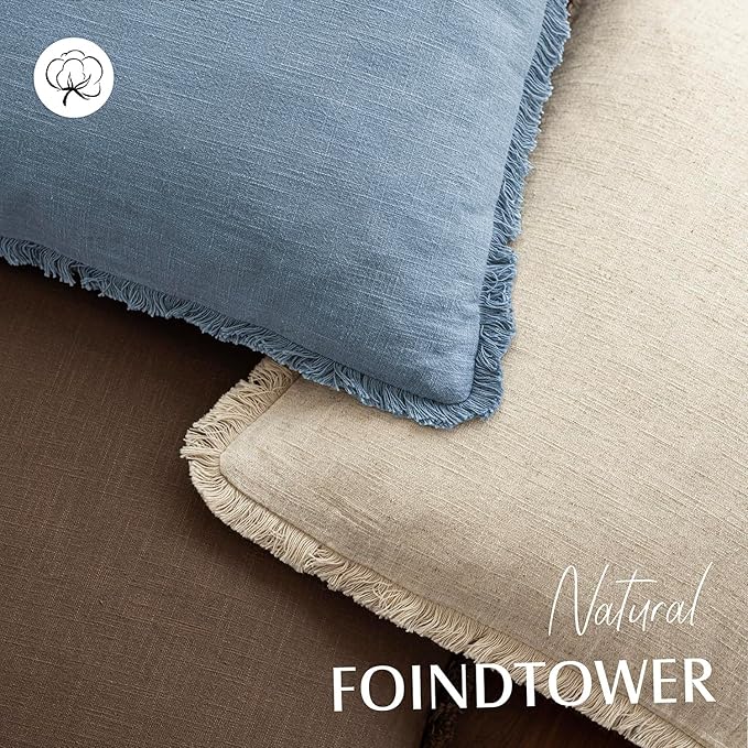 Foindtower Set of 2 Decorative Linen Fringe Throw Pillow Covers Cozy Boho Farmhouse Cushion Cover with Tassels Soft Accent Pillowcase for Couch Sofa Bed Living Room Home Decor, 18×18 Inch, Misty Blue