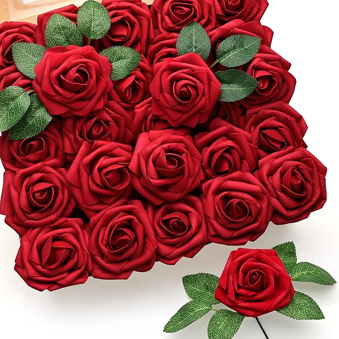 Mocoosy 50 Pcs Artificial Flowers Red Roses Bulk, Real Looking Fake Foam Roses with Stems DIY Wedding Bouquet Floral Arrangement Bridal Shower Centerpieces Mother's Day Party Home Table Decorations