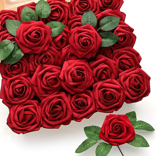 Mocoosy 50 Pcs Artificial Flowers Red Roses Bulk, Real Looking Fake Foam Roses with Stems DIY Wedding Bouquet Floral Arrangement Bridal Shower Centerpieces Mother's Day Party Home Table Decorations