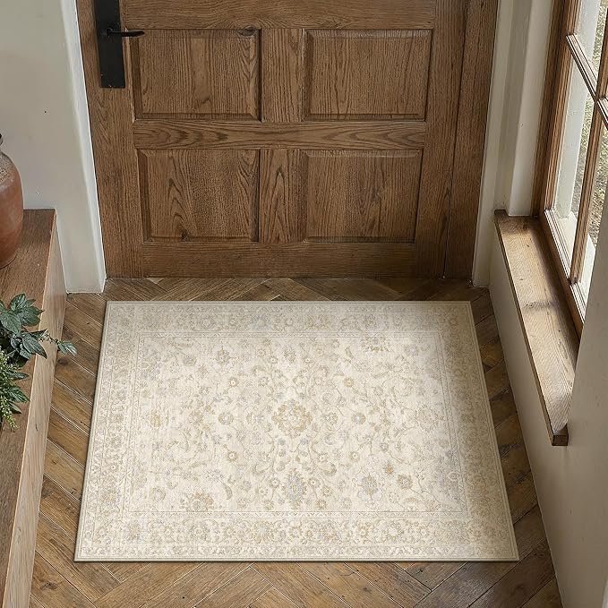 2x3 Beige Washable Area Rug for Living Room Bedroom Neutral Soft Floral Non Slip Thin Throw Rug Lightweight Vintage Low Pile Distressed Doormat Entrance Dinning Laundry Room Kitchen