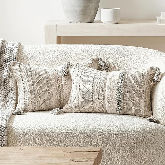 BlissBlush Decorative Lumbar Throw Pillow Covers 12x20 Combo Set of 2 Gray Rectangular Boho Accent Pillowcase Neutral Grey Farmhouse Cushion for Couch Sofa Bedroom Living Home Décor Cover ONLY